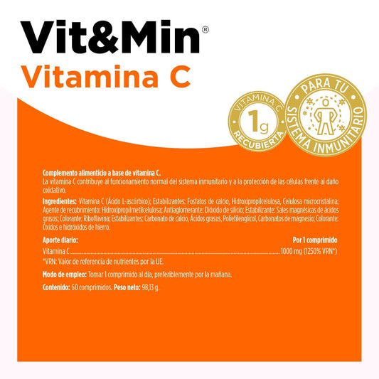 Vit&Min Vitamina C 1000 mg ayuda al sistema inmunitario y protege frente al daño oxidativo con comprimidos recubiertos de absorción optimizada.