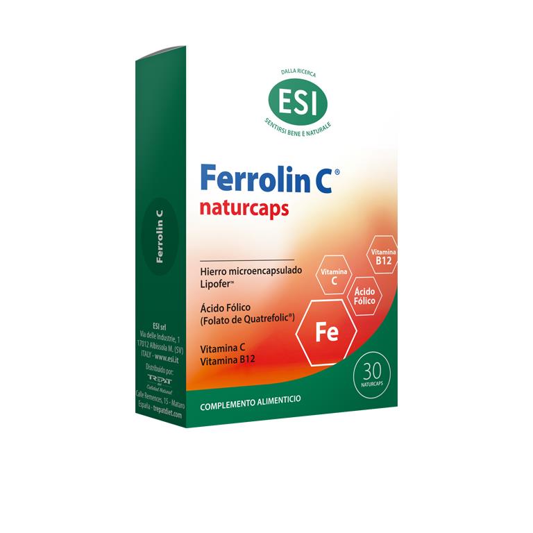 Ferrolin C cápsulas con hierro Lipofer vitamina C ácido fólico y vitamina B12 para déficit de hierro