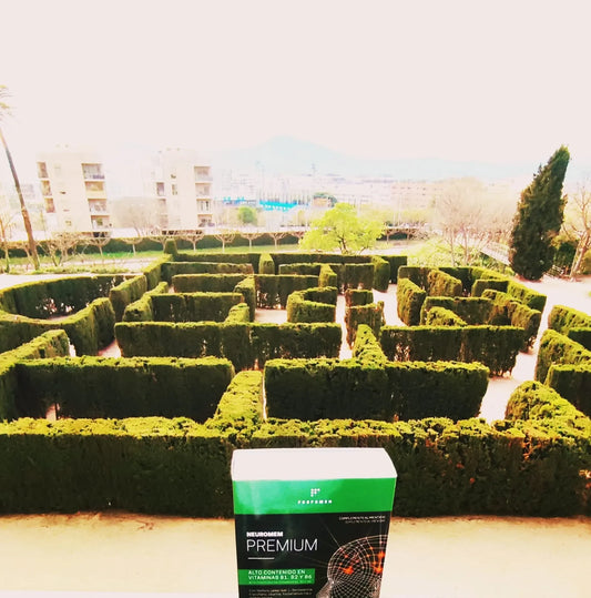 Suplemento Neuromem Premium de Footfarma frente a laberinto de setos en parque