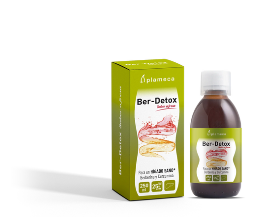 Complemento alimenticio Ber-Detox sabor fresa, 250 ml, con berberina y curcumina para hígado sano.