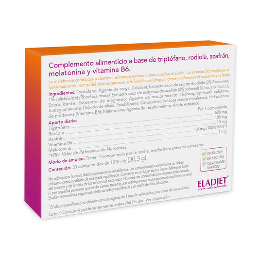 Caja de complemento alimenticio con triptófano, rodiola, azafrán, melatonina y vitamina B6, ingredientes visibles en el etiquetado trasero