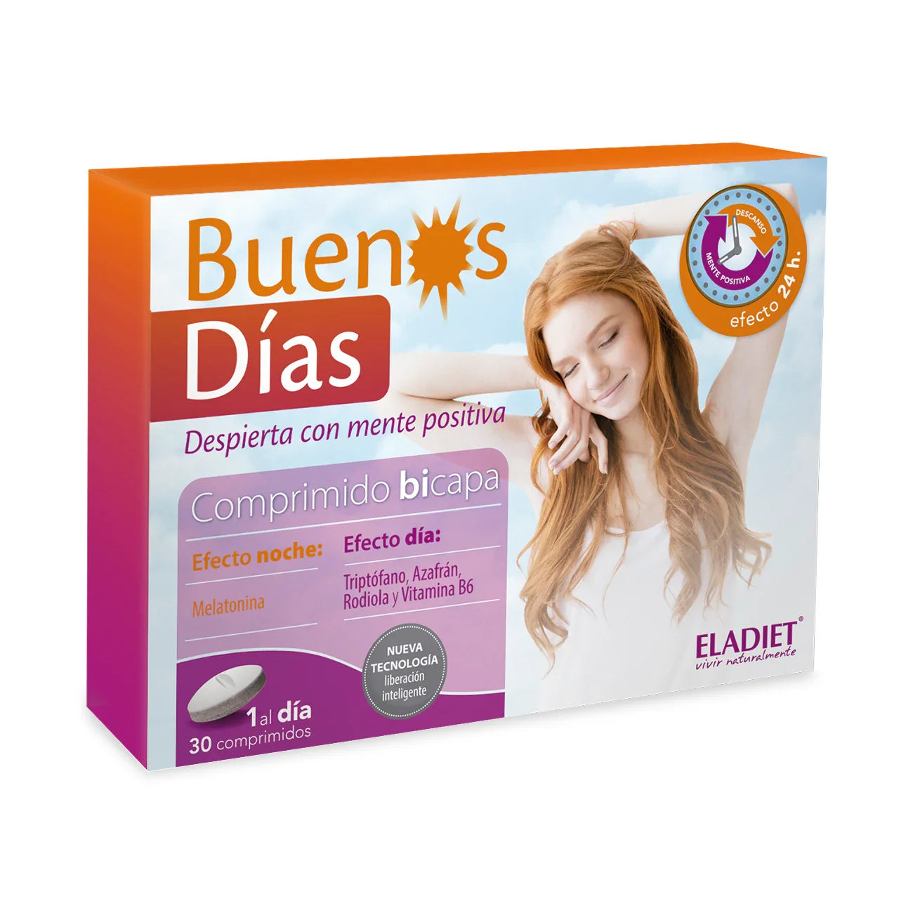 Caja de suplemento Buenos Días comprimido bicapa con melatonina, triptófano y vitamina B6