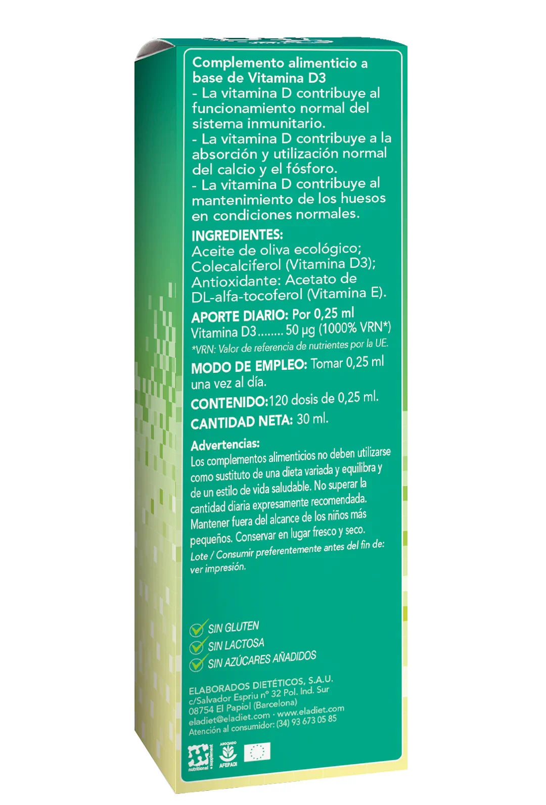 Caja de suplemento alimenticio con vitamina D3, ingredientes y advertencias visibles en español.