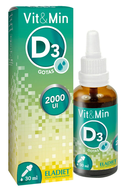 Suplemento de vitamina D3 en gotas, 2000 UI, frasco de 30 ml y caja visibles