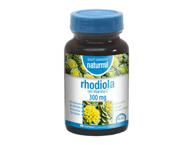 Bote de cápsulas Naturmil rhodiola con vitamina C 300 mg, suplemento dietético natural