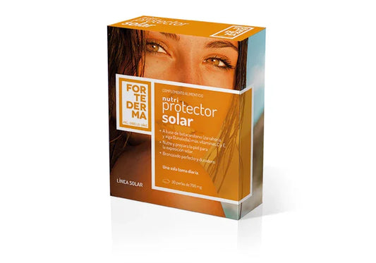 Caja de complemento alimenticio nutri protector solar FORTE DERMA con imagen de mujer y fondo naranja