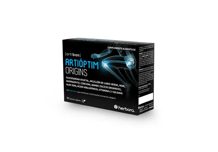 Caja negra de suplemento natural Artioptim Origins con vitaminas para salud.