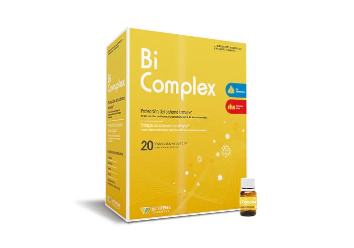 Caja amarilla de suplemento Bi Complex para protección del sistema inmunológico, con vial incluido.