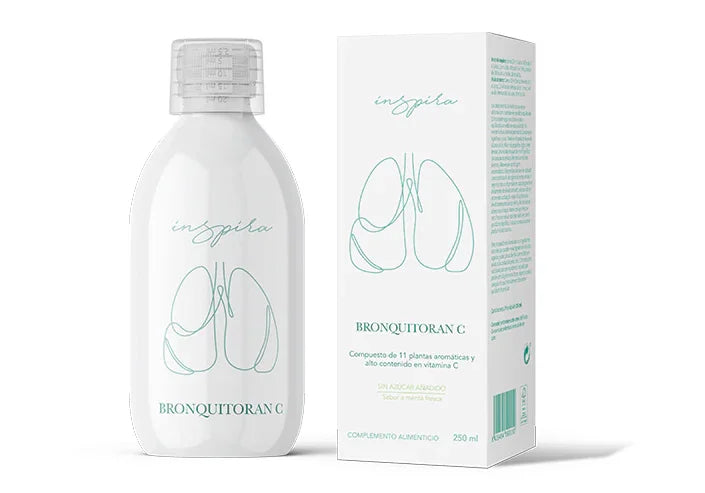 Envase y caja de Bronquitoran C, complemento alimenticio natural con vitamina C, 250 ml.