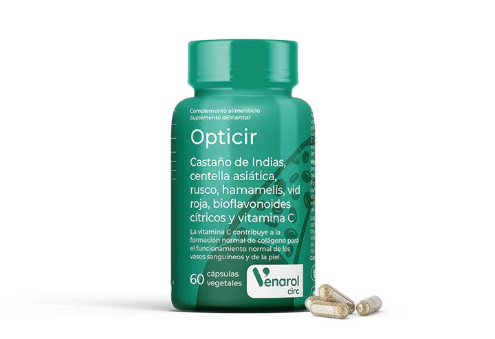 Bote verde de Opticir con castaño de indias, centella asiática, vitamina C y cápsulas vegetales.