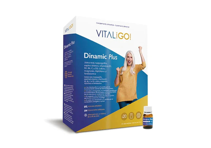 Caja de Dinamic Plus Vitaligo, suplemento alimenticio con jalea real y vitaminas, junto a un frasco pequeño.