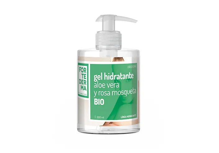 Gel hidratante bio de aloe vera y rosa mosqueta en envase dosificador, cosmética natural