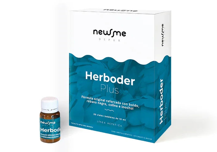 Caja y vial de Herborder Plus suplemento natural, fórmula hepática con plantas y nutrientes.