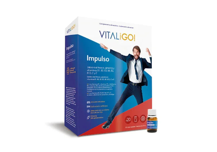 Caja de complemento alimenticio Vitaligo Impulso con ginseng y vitaminas, junto a frasco pequeño