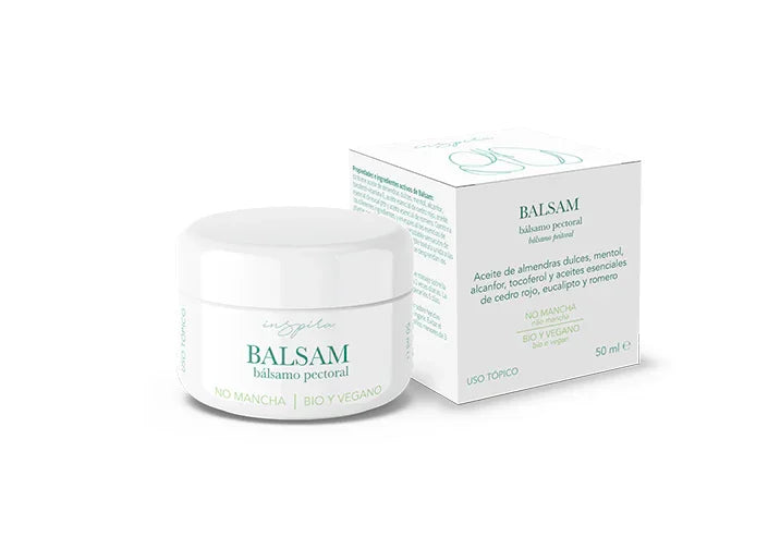 Bálsamo pectoral bio vegano en tarro blanco de 50 ml con caja, uso tópico, ingredientes naturales.