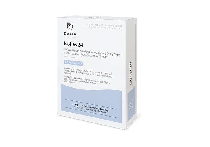 Suplemento natural Isoflav24 para salud con vitaminas esenciales en caja blanca.