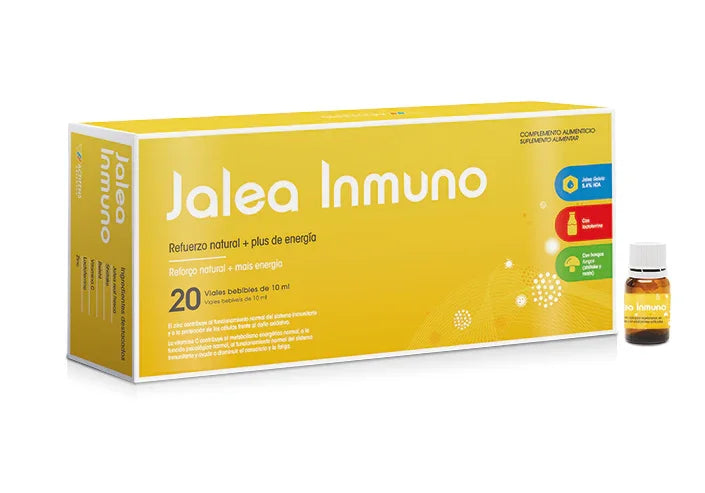 Caja de Jalea Inmuno, complemento alimenticio natural, con vial de 10 ml, fondo blanco
