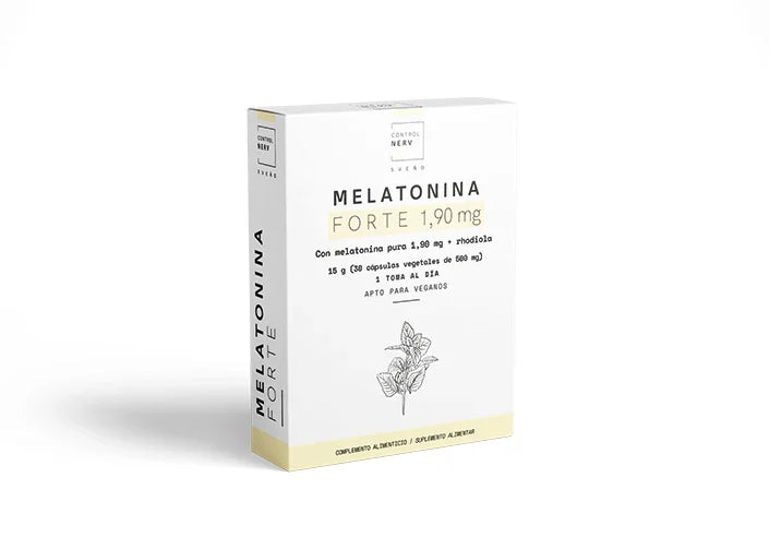 Caja blanca de suplemento Melatonina Forte 1,90 mg para salud natural.