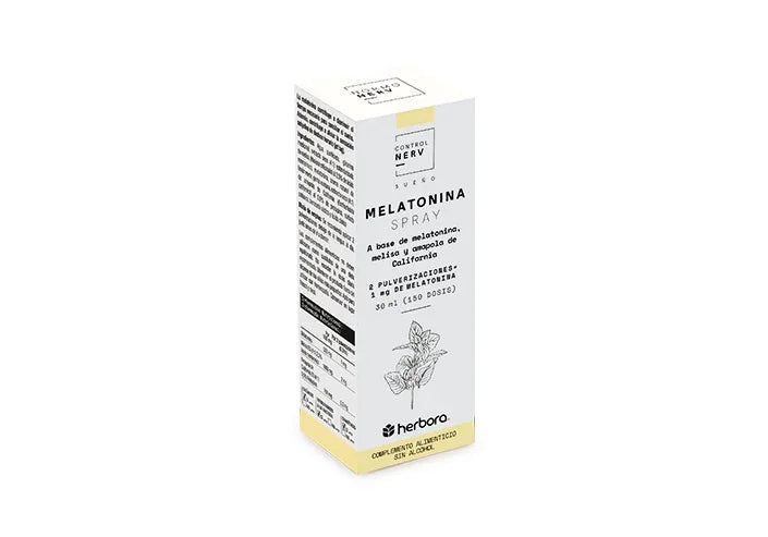 Caja de spray de melatonina complemento alimenticio, ilustración de planta y detalles en amarillo.
