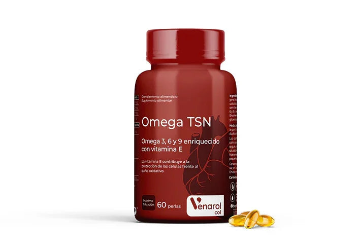Frasco rojo suplemento natural Omega TSN con cápsulas de vitaminas para salud.