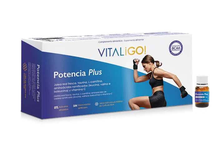 Caja de complemento alimenticio Potencia Plus con imagen de mujer deportista y vial pequeño.