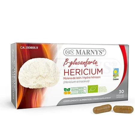 Caja de cápsulas Hericium complemento alimenticio con imagen de hongo melena de león