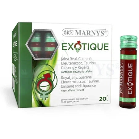 Complemento alimenticio Marnys Exotique con jalea real, guaraná y ginseng, caja y vial.