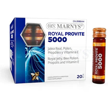 Caja y vial de suplemento Royal Provite 5000 con jalea real, polen, propóleo y vitamina E