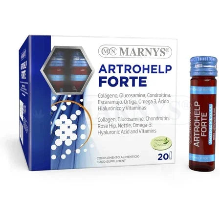 Caja y vial de Artrohelp Forte complemento alimenticio con colágeno, glucosamina y vitaminas