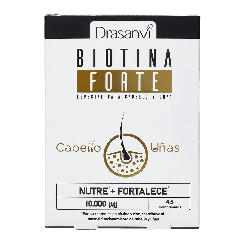 Biotina Forte 10.000 µg de Drasanvi es un complemento alimenticio con biotina de alta dosis, zinc y hierro para el bienestar del cabello, la piel y las uñas.