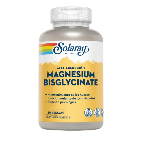 Magnesio Bisglicinato Solaray con BioPerine 120 cápsulas veganas
Complemento de magnesio para músculos y sistema nervioso, para cansancio y fatiga