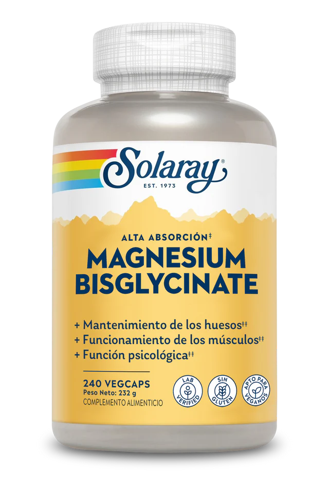Magnesio Bisglicinato Solaray con BioPerine 240 cápsulas veganas
Complemento de magnesio para músculos y sistema nervioso, para cansancio y fatiga