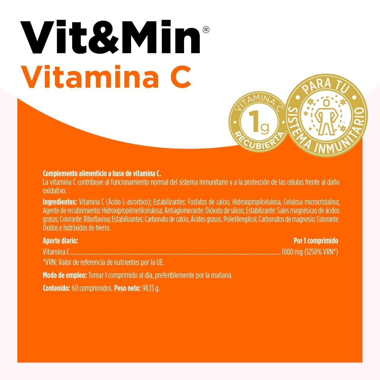Vit&Min Vitamina C 1000 mg ayuda al sistema inmunitario y protege frente al daño oxidativo con comprimidos recubiertos de absorción optimizada.