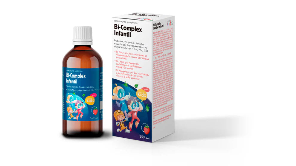 Suplemento natural infantil Bi-Complex con vitaminas para salud óptima.