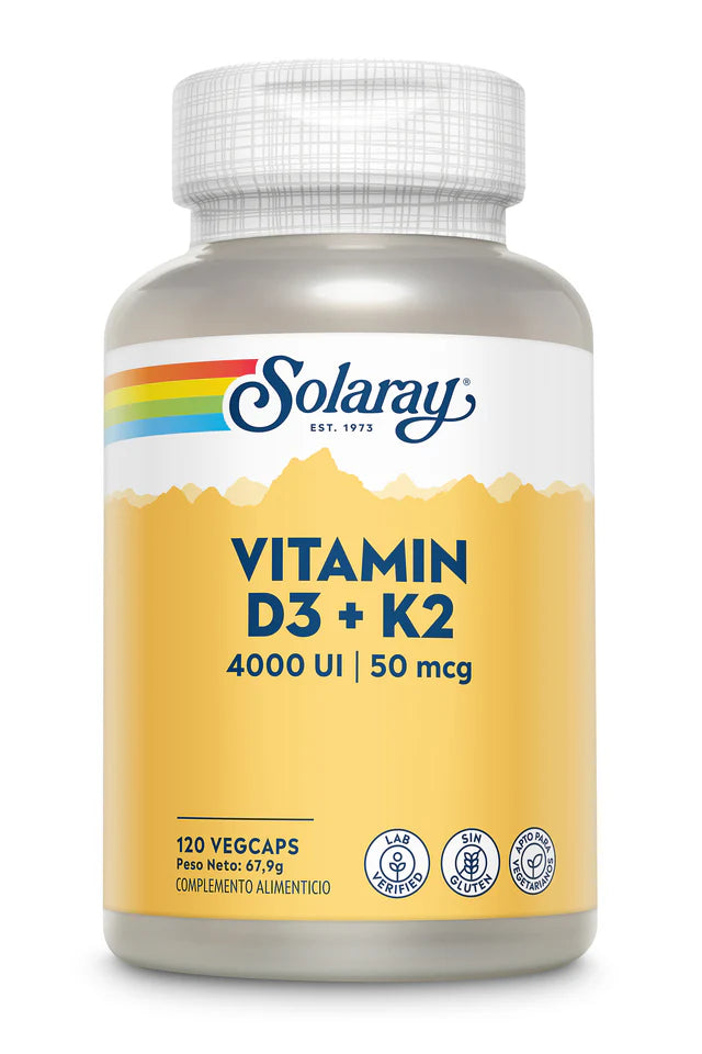 Vitamina D3+K2 de Solaray vitamina D3 (4.000 UI) y vitamina K2 del tipo menaquinona-7 (MK-7). Huesos y calcio.
