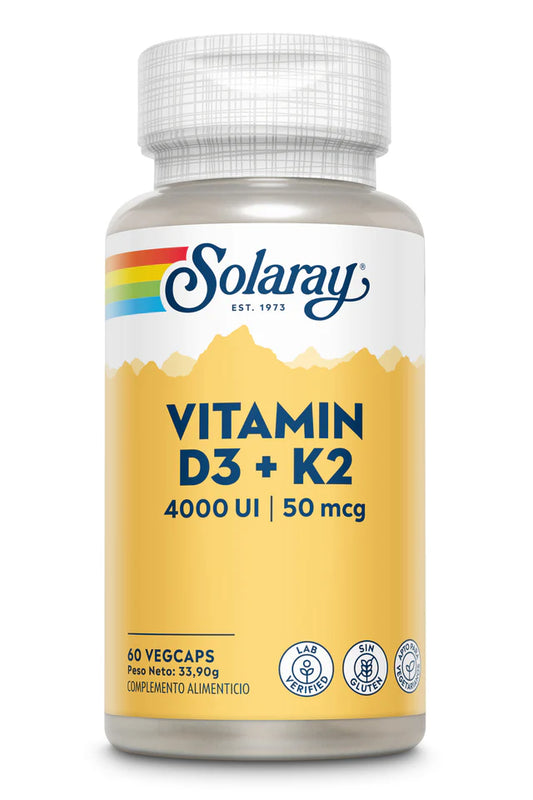 Vitamina D3+K2 de Solaray vitamina D3 (4.000 UI) y vitamina K2 del tipo menaquinona-7 (MK-7). Huesos y calcio.