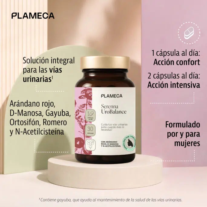 Serenna urobalance Plameca para el beneficio de las vías urinarias. Arándano Rojo Americano PAC, D-Manosa, NAC, Vitamina D3. Curiosidade