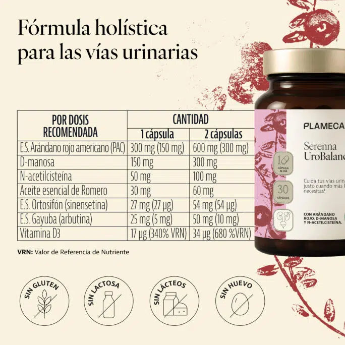Serenna urobalance Plameca para el beneficio de las vías urinarias. Arándano Rojo Americano PAC, D-Manosa, NAC, Vitamina D3. INGREDIENTES