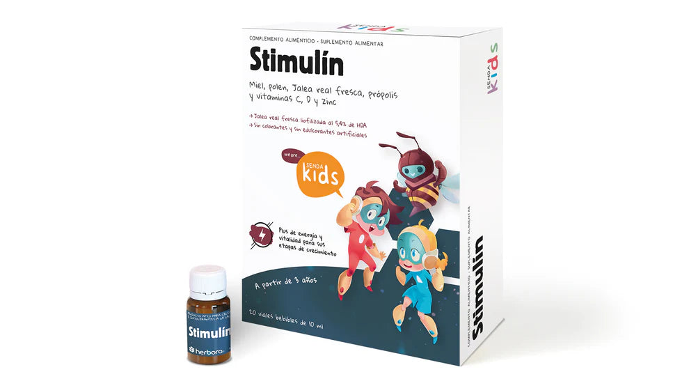 Suplemento natural Stimulin para salud infantil con vitaminas esenciales.