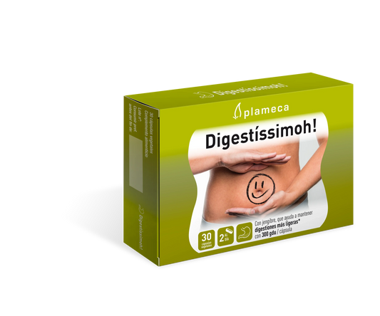 Caja de cápsulas Digestíssimoh Plameca con imagen de abdomen y dibujo de carita sonriente, suplemento digestivo natural