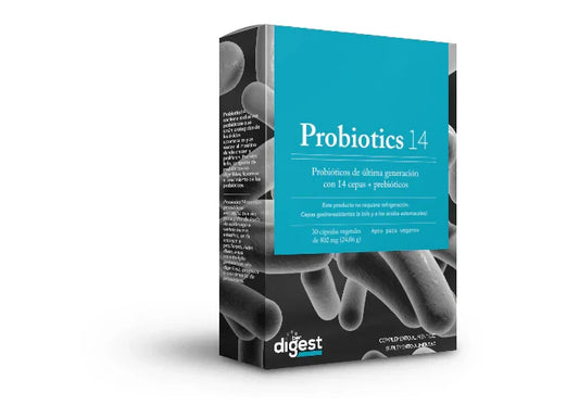 Angled blue and black Probiotics 14 box with microscopic organism design.